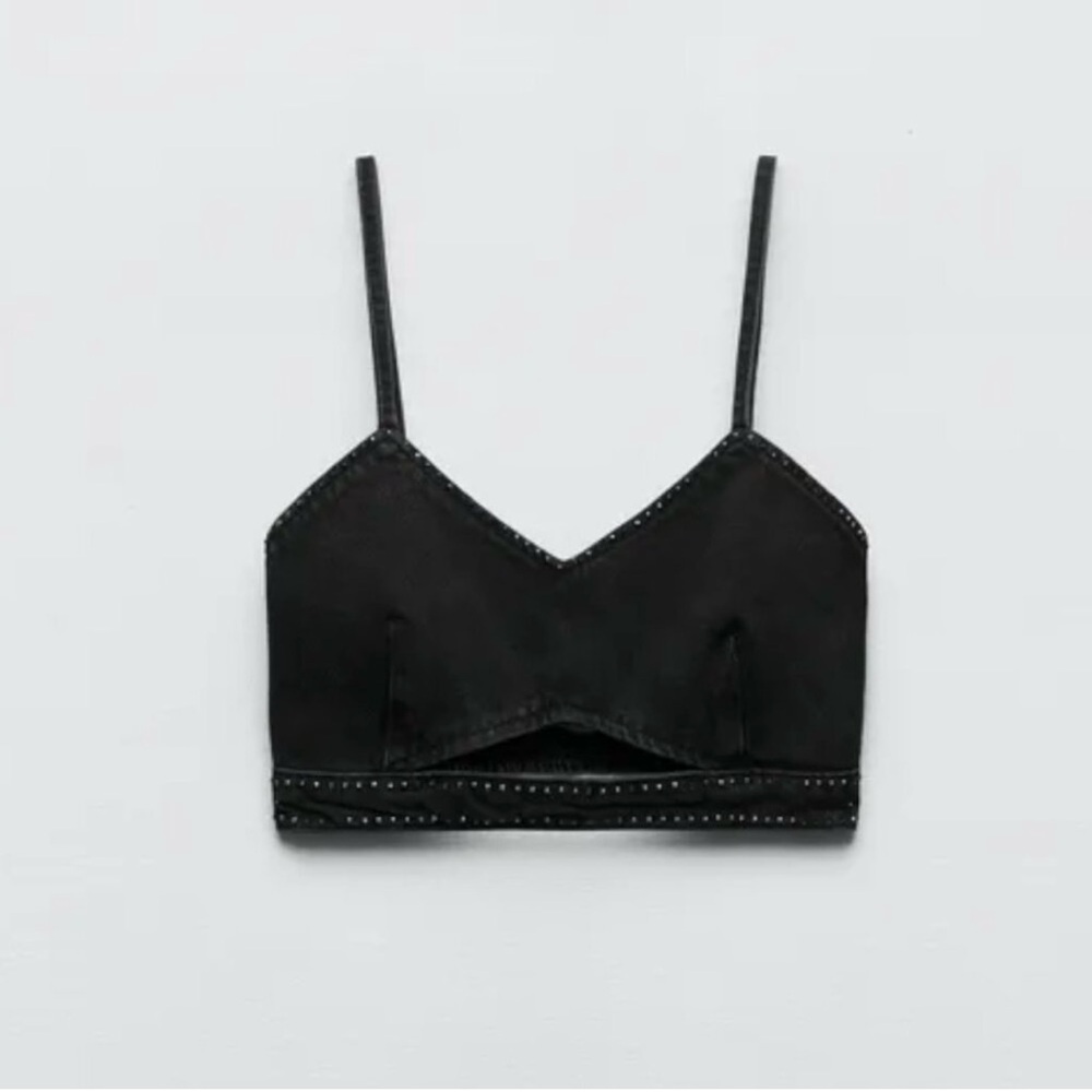NWT Zara The Denim Cropped Black Studded Bralette size XS